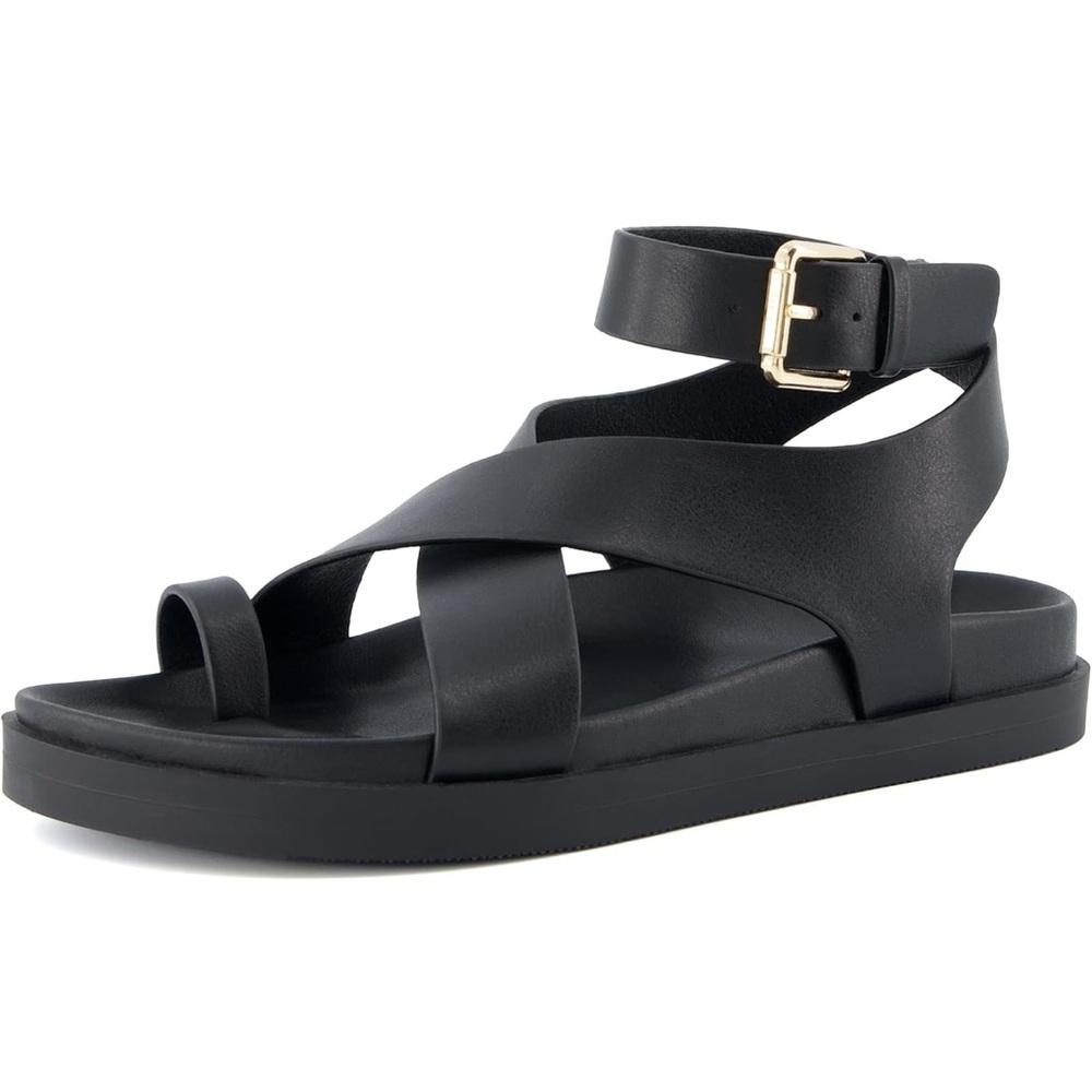 Black Women's Ankle Strap Sandals with Gold Buckle